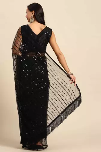 Black net embroidery work saree with unstitched blouse piece