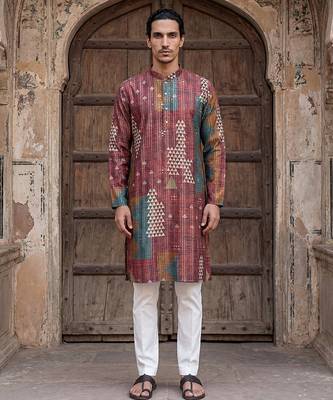 festive brown silk blend printed kurta for men 1