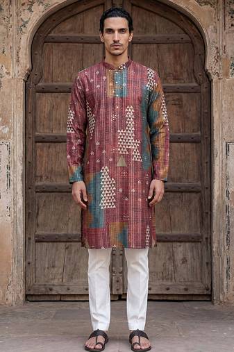 festive brown silk blend printed kurta for men