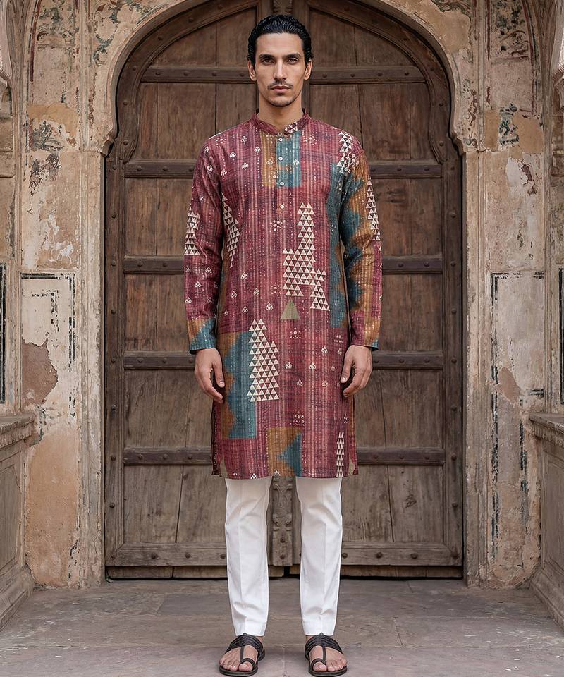 festive brown silk blend printed kurta for men
