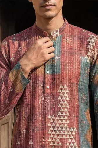 festive brown silk blend printed kurta for men