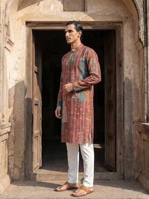 festive brown silk blend printed kurta for men 3
