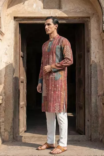 festive brown silk blend printed kurta for men