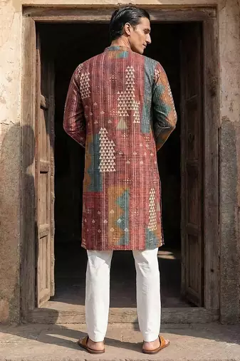 festive brown silk blend printed kurta for men