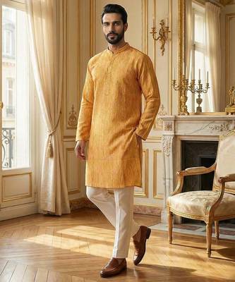 yellow silk blend printed straight kurta for men 1