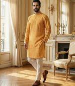 yellow silk blend printed straight kurta for men