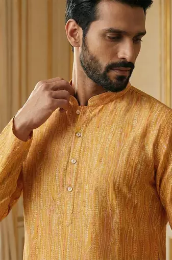 yellow silk blend printed straight kurta for men