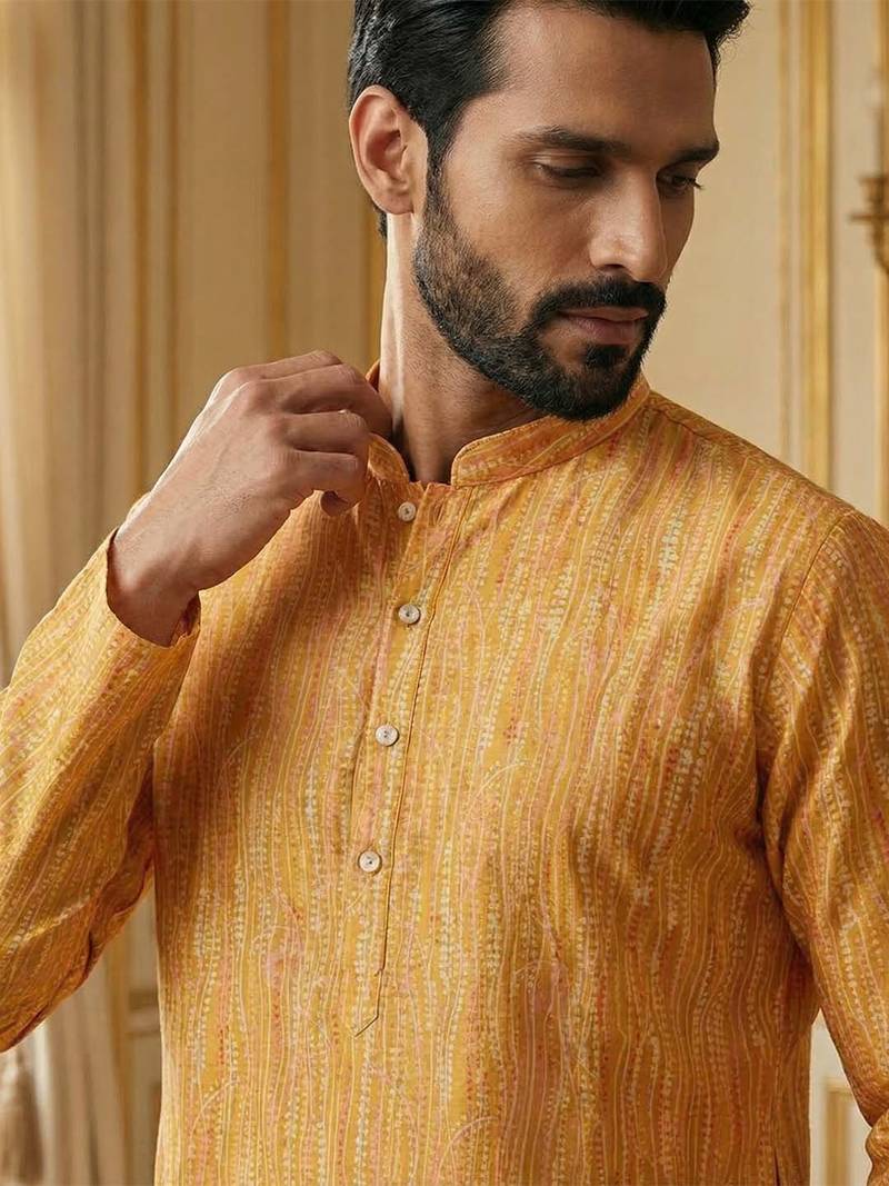 yellow silk blend printed straight kurta for men