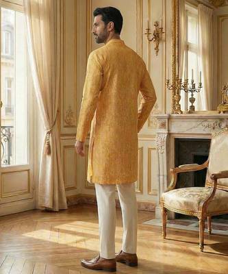 yellow silk blend printed straight kurta for men 3