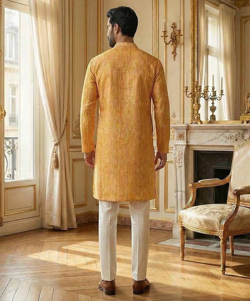 yellow silk blend printed straight kurta for men