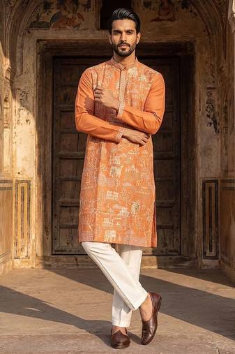 men’s peach viscose rayon embroidered straight kurta