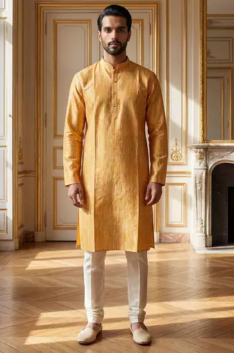yellow silk blend printed straight kurta for men
