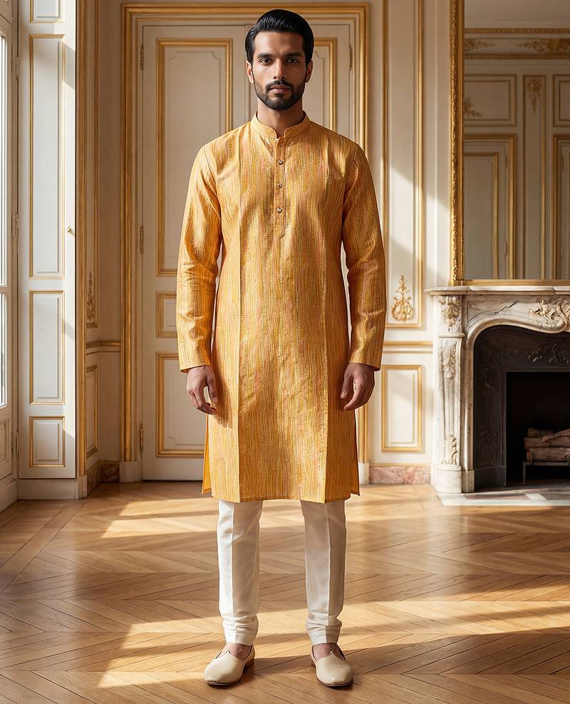 yellow silk blend printed straight kurta for men