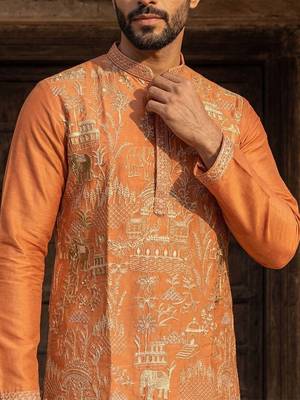 men   s peach viscose rayon embroidered straight kurta 2