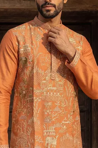 men   s peach viscose rayon embroidered straight kurta