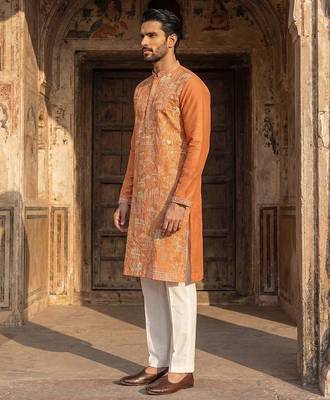 men   s peach viscose rayon embroidered straight kurta 3