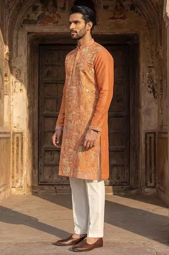 men   s peach viscose rayon embroidered straight kurta