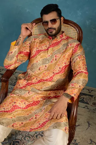 men   s yellow silk blend multicolor printed straight kurta