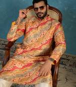 men   s yellow silk blend multicolor printed straight kurta