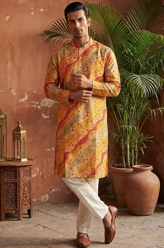 men’s yellow silk blend multicolor printed straight kurta