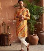 men’s yellow silk blend multicolor printed straight kurta