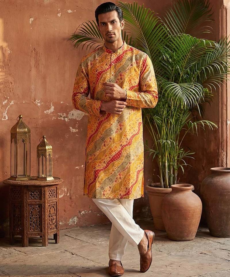 men’s yellow silk blend multicolor printed straight kurta