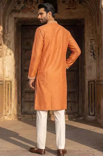 men   s peach viscose rayon embroidered straight kurta
