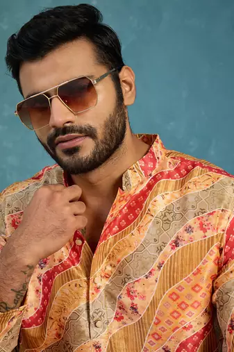 men   s yellow silk blend multicolor printed straight kurta