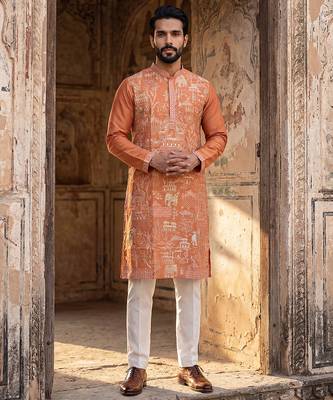 men   s peach viscose rayon embroidered straight kurta 5