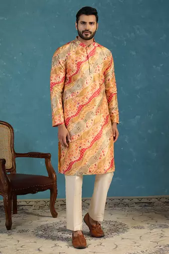 men   s yellow silk blend multicolor printed straight kurta