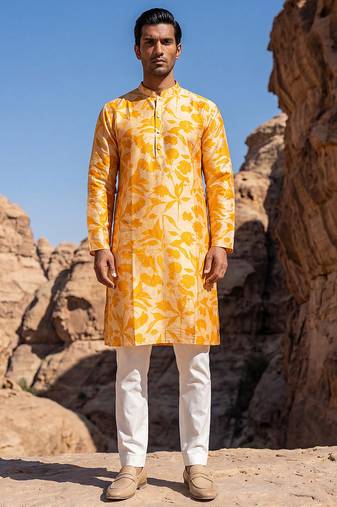 men’s yellow silk blend ethnic printed straight kurta