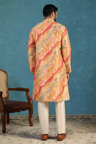 men   s yellow silk blend multicolor printed straight kurta
