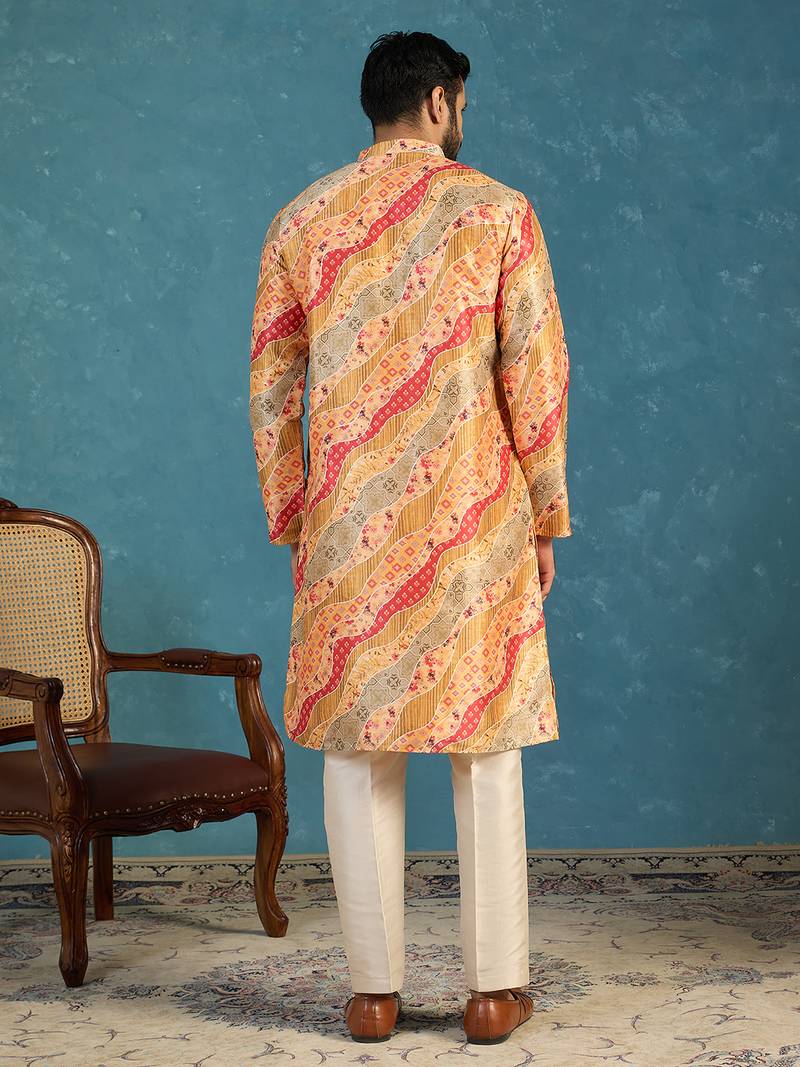 men   s yellow silk blend multicolor printed straight kurta