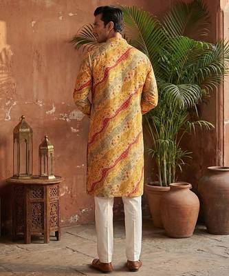 men   s yellow silk blend multicolor printed straight kurta 4