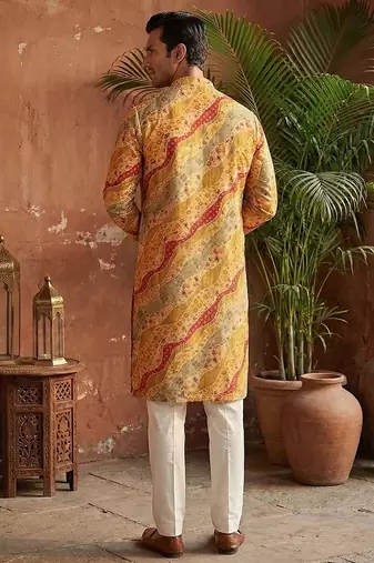 men   s yellow silk blend multicolor printed straight kurta