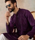 purple printed silk blend kurta for men