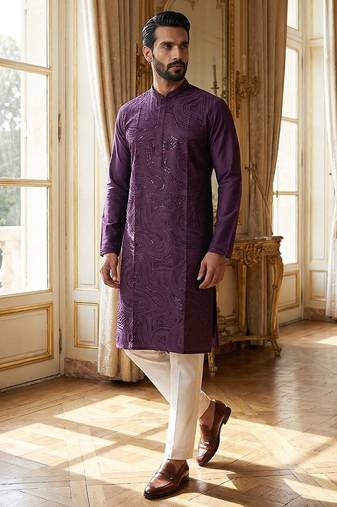 purple printed silk blend kurta for men