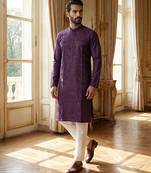 purple printed silk blend kurta for men