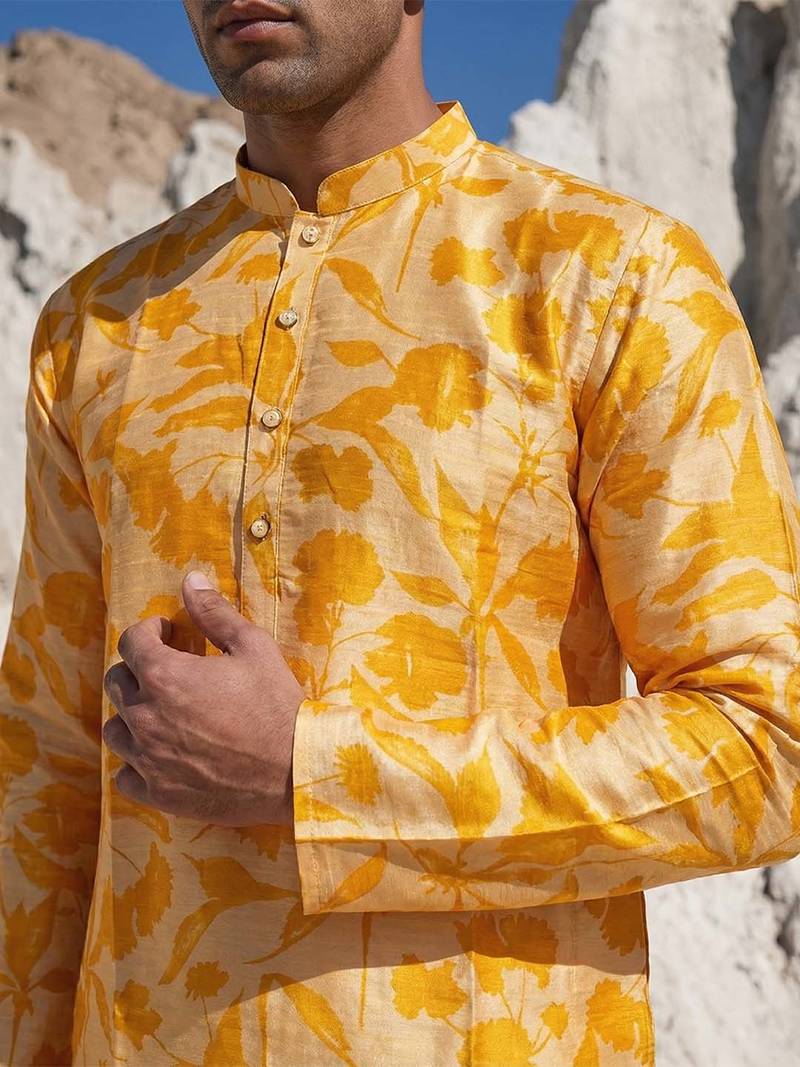 men’s yellow silk blend ethnic printed straight kurta