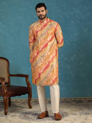 men   s yellow silk blend multicolor printed straight kurta 5