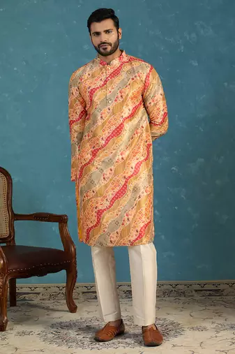 men   s yellow silk blend multicolor printed straight kurta