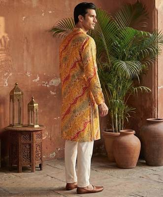 men   s yellow silk blend multicolor printed straight kurta 5