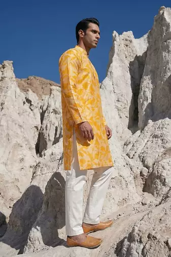 men   s yellow silk blend ethnic printed straight kurta