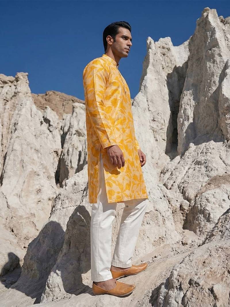 men’s yellow silk blend ethnic printed straight kurta