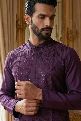 purple printed silk blend kurta for men