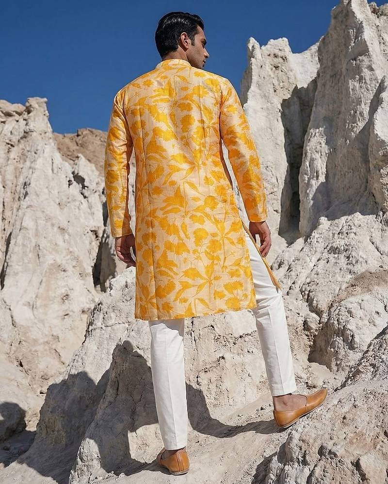 men’s yellow silk blend ethnic printed straight kurta