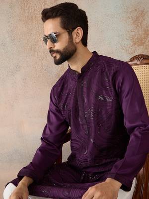 purple printed silk blend kurta for men 3
