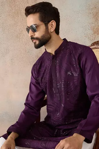 purple printed silk blend kurta for men