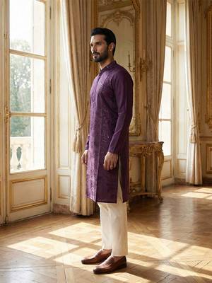 purple printed silk blend kurta for men 3