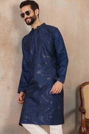 blue printed silk blend kurta for men